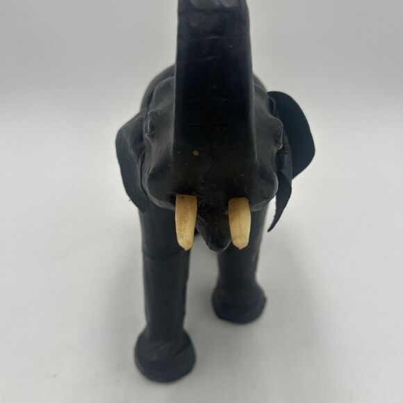 Vintage 12" Leather Wrapped Elephant Black Leather Ears Trunk Up Lucky Decor - Picture 7 of 7